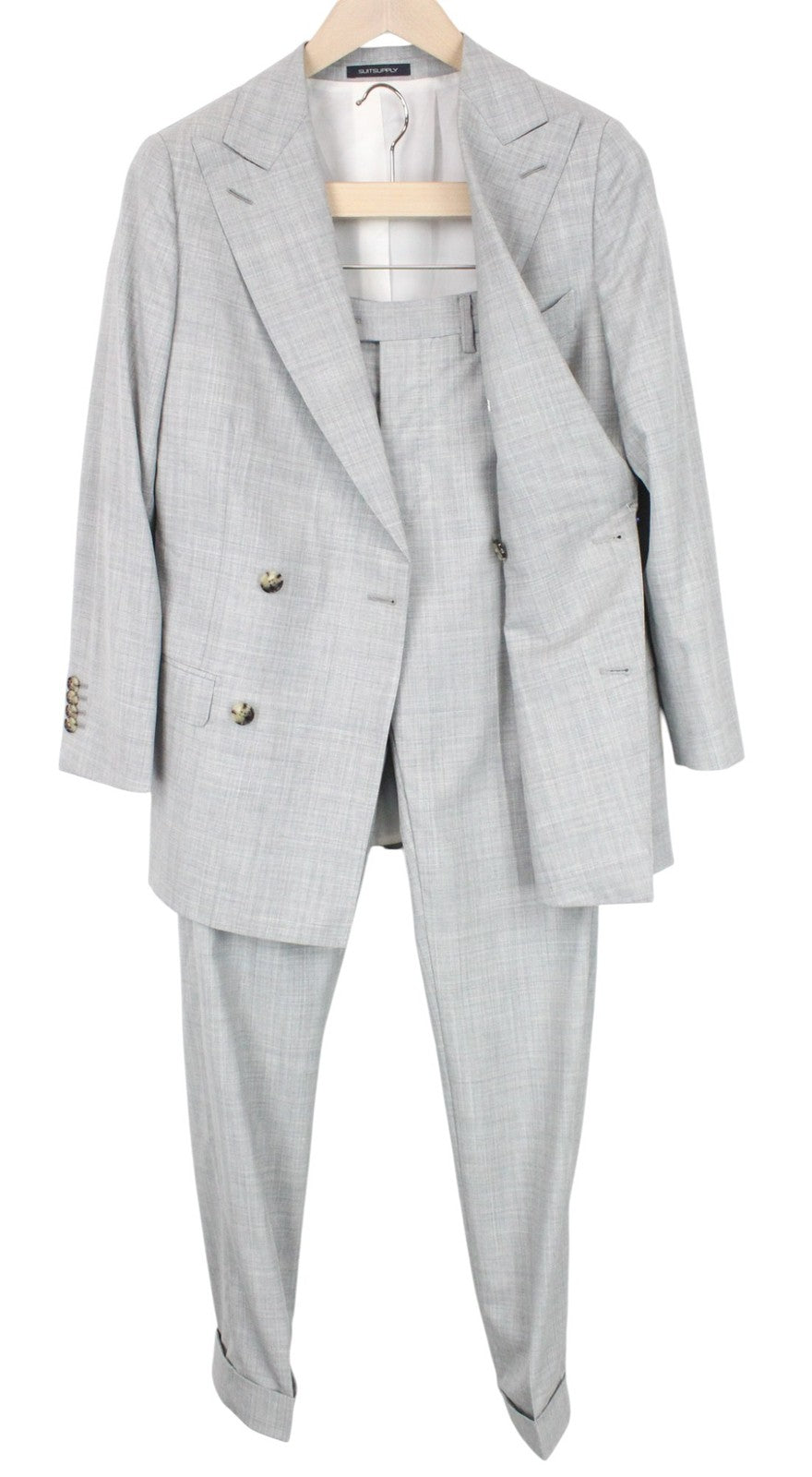 SUITSUPPLY La Spalla Soho Turn Up Men Suit UK34R W30 Grey Melange Wool 2 Piece