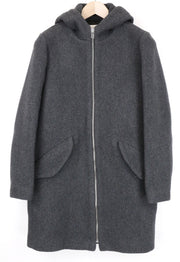 SANDRO Men's Coat 36 Grey Wool Blend Single-Breast Long Sleeve Zipped Hooded