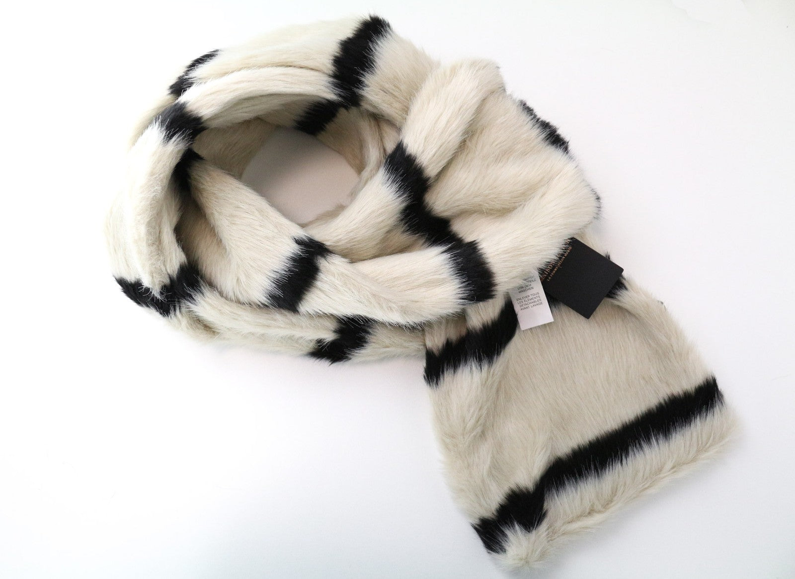 MAISON SCOTCH Women's Scarf OS Beige Brown Faux Fur Striped Pattern Autumn