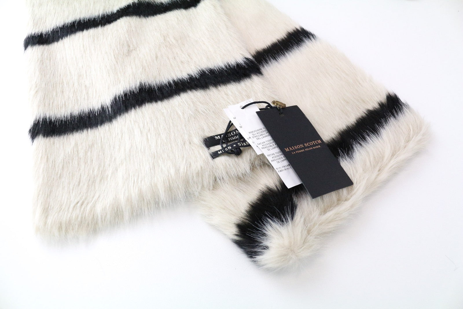 MAISON SCOTCH Women's Scarf OS Beige Brown Faux Fur Striped Pattern Autumn