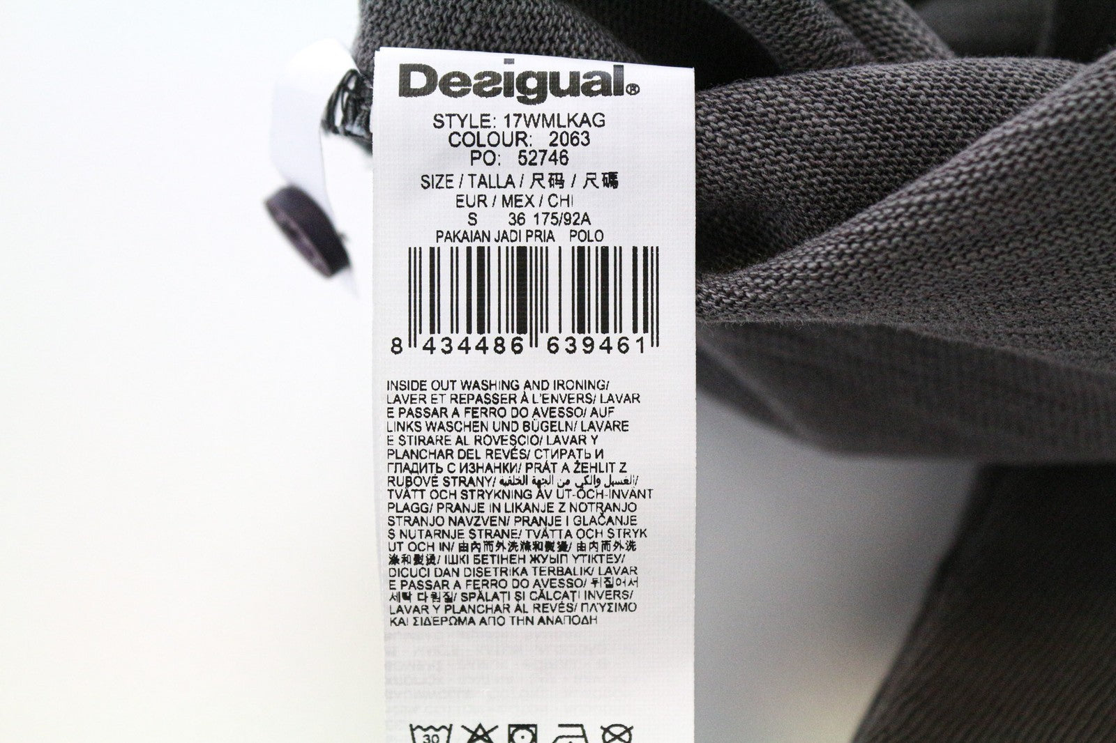 DESIGUAL Javi Men's Polo Tee S Grey Cotton Long Sleeve Patterned Casual Shirt