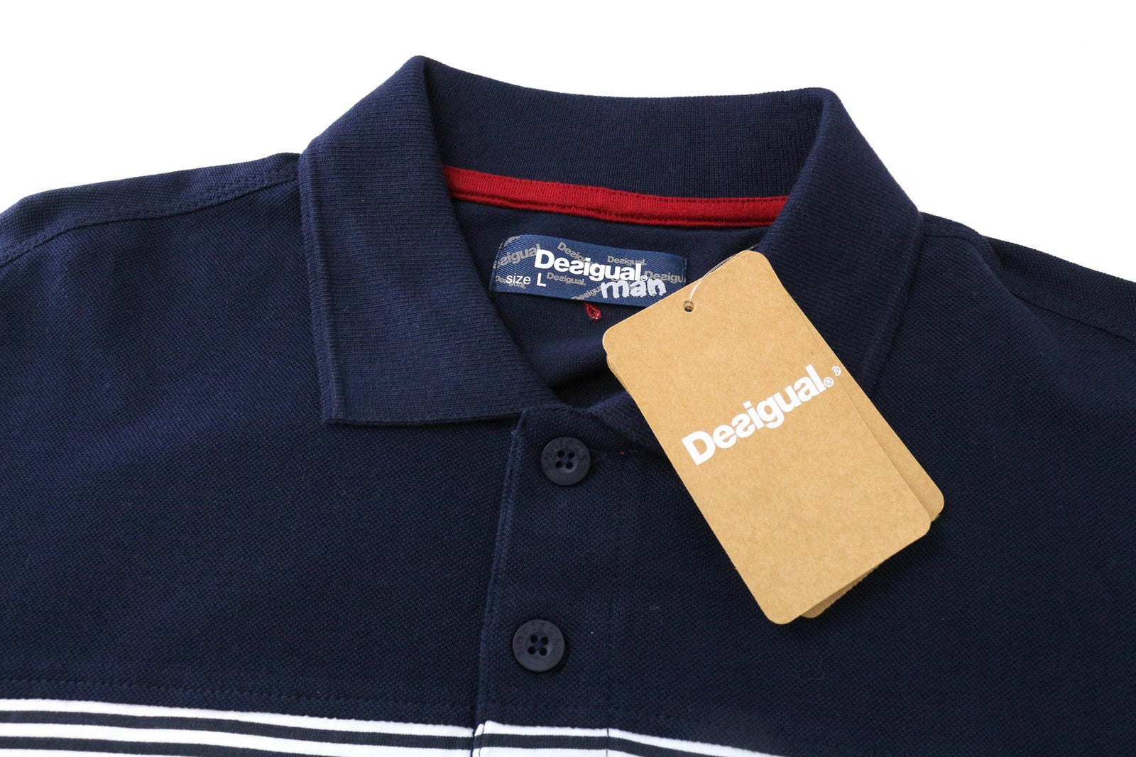 DESIGUAL Tepit Men's Polo Shirt L Navy Cotton Long Sleeve Patterned Casual Wear