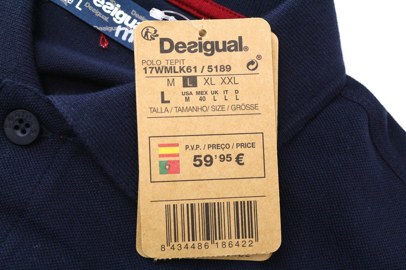 DESIGUAL Tepit Men's Polo Shirt L Navy Cotton Long Sleeve Patterned Casual Wear