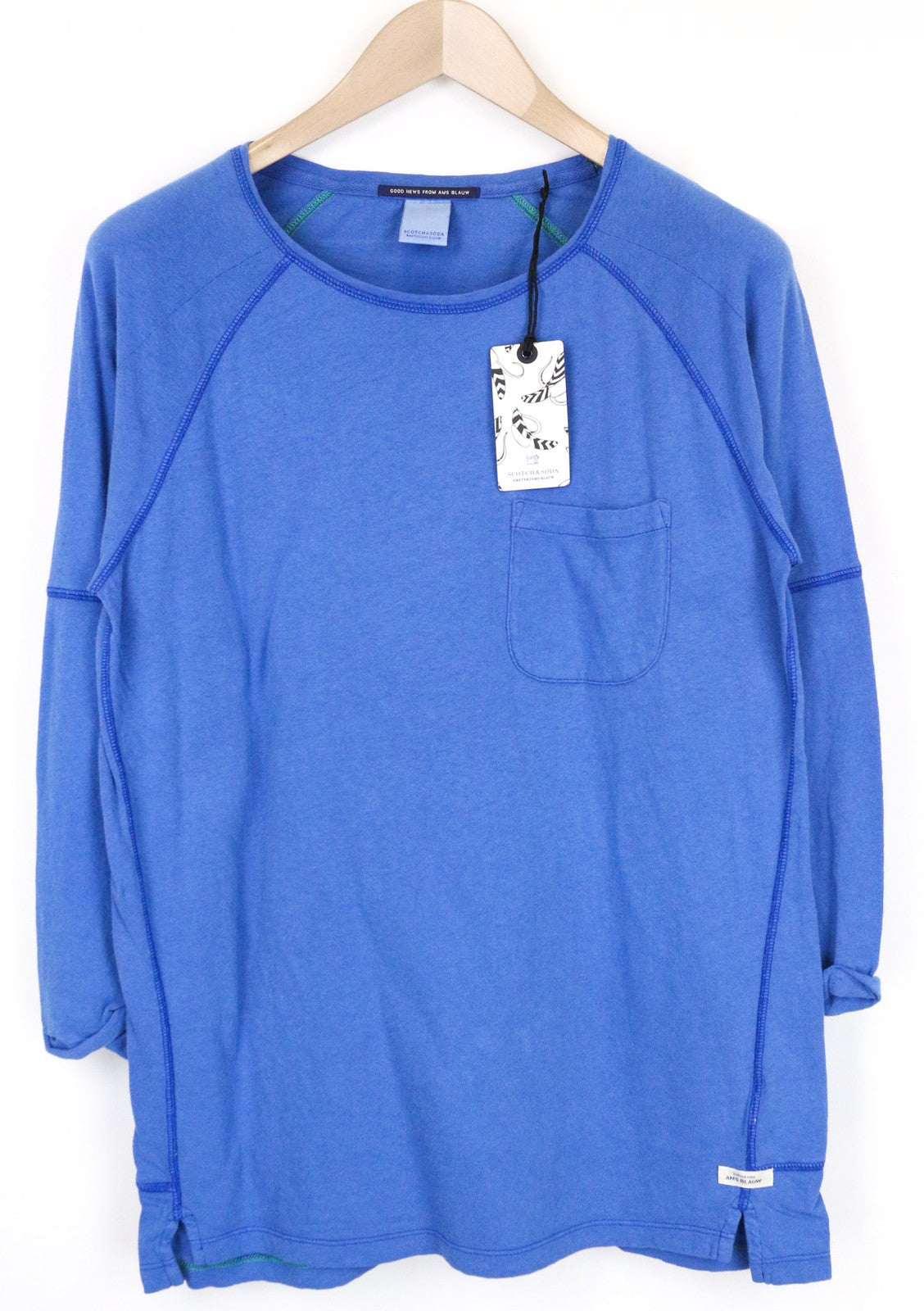 SCOTCH & SODA Ams Blauw Men's Tee S/M Blue 3/4 Sleeve Pullover Pocket Casual