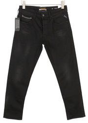 REPLAY Grover Men Jeans W30/L30 Black Selvedge Straight Fit Button Fly Dark