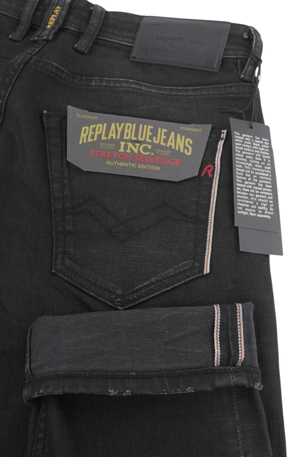 REPLAY Grover Men Jeans W30/L30 Black Selvedge Straight Fit Button Fly Dark