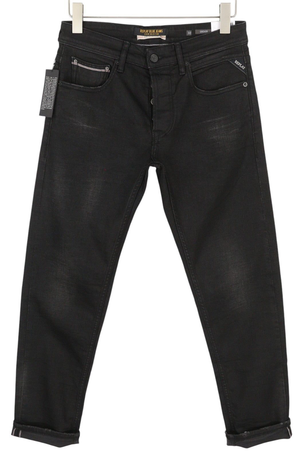 REPLAY Grover Men Jeans W30/L30 Black Selvedge Straight Fit Button Fly Dark