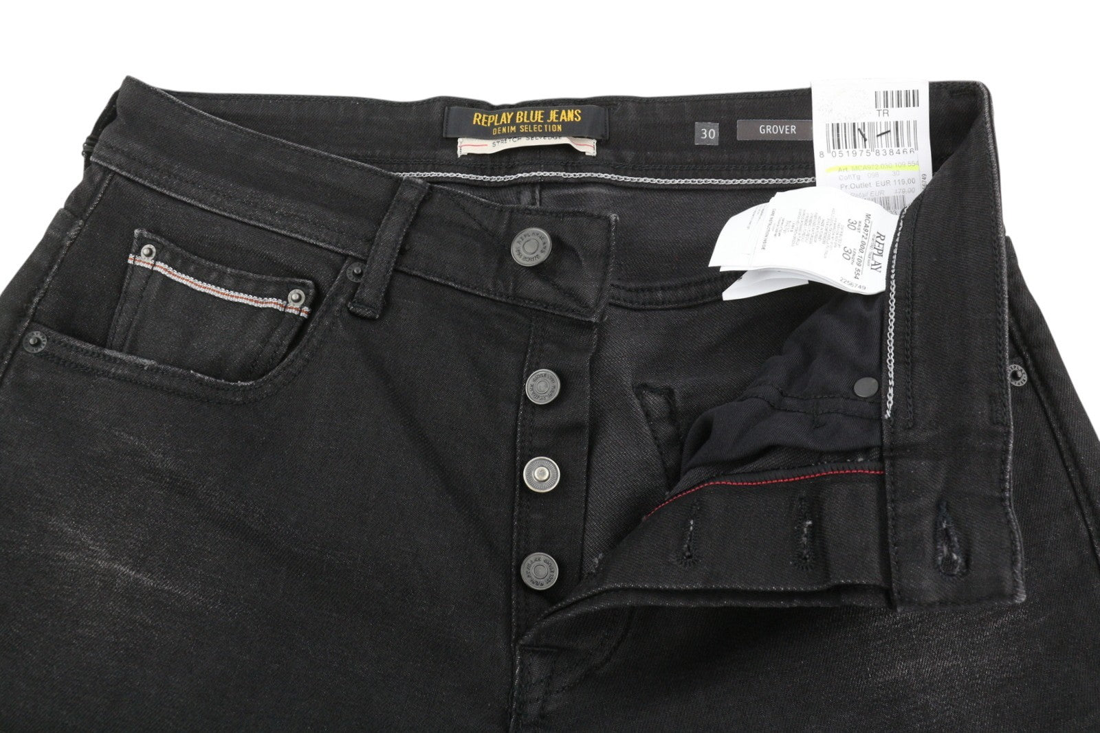 REPLAY Grover Men Jeans W30/L30 Black Selvedge Straight Fit Button Fly Dark