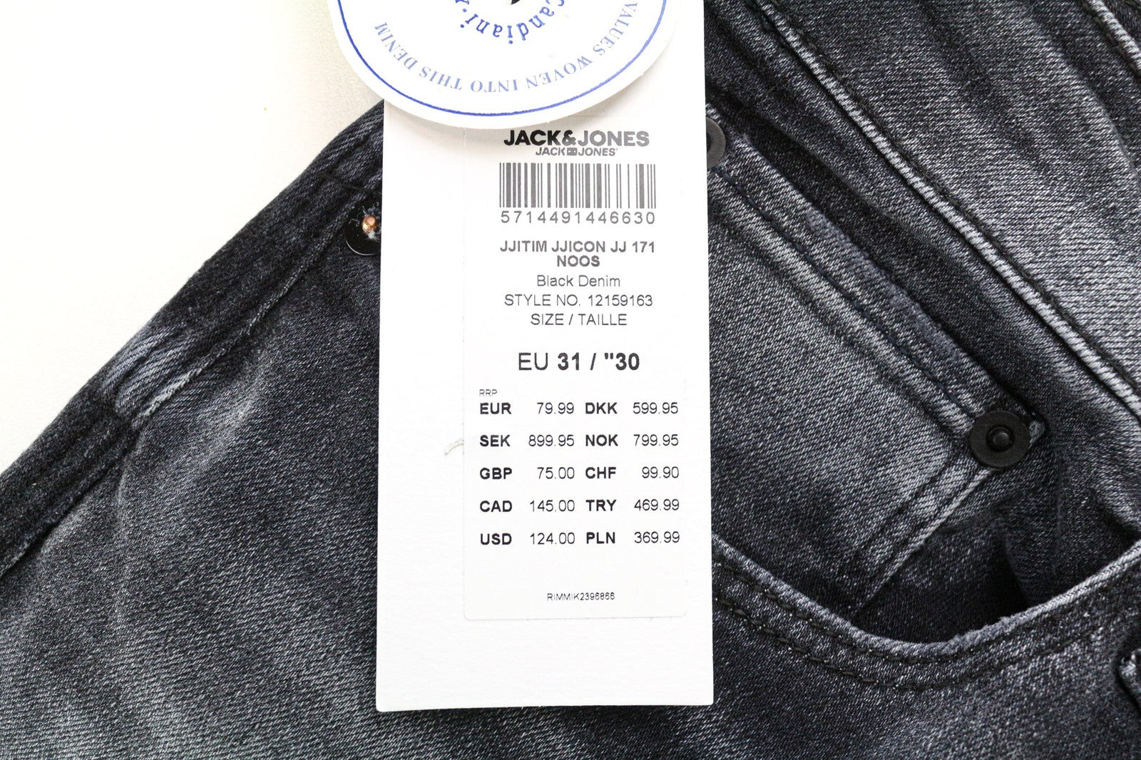 JACK & JONES Tim Men's Jeans W31/L30 Black Washed Slim Fit Cotton Stretch Denim