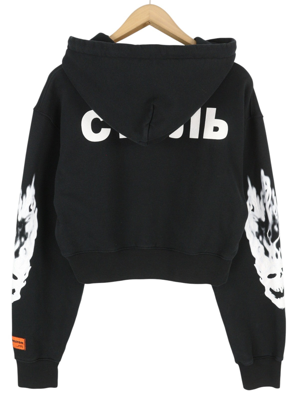 HERON PRESTON Flaming Skull Crop Women Hoodie L Black Patterned Pullover RRP€499