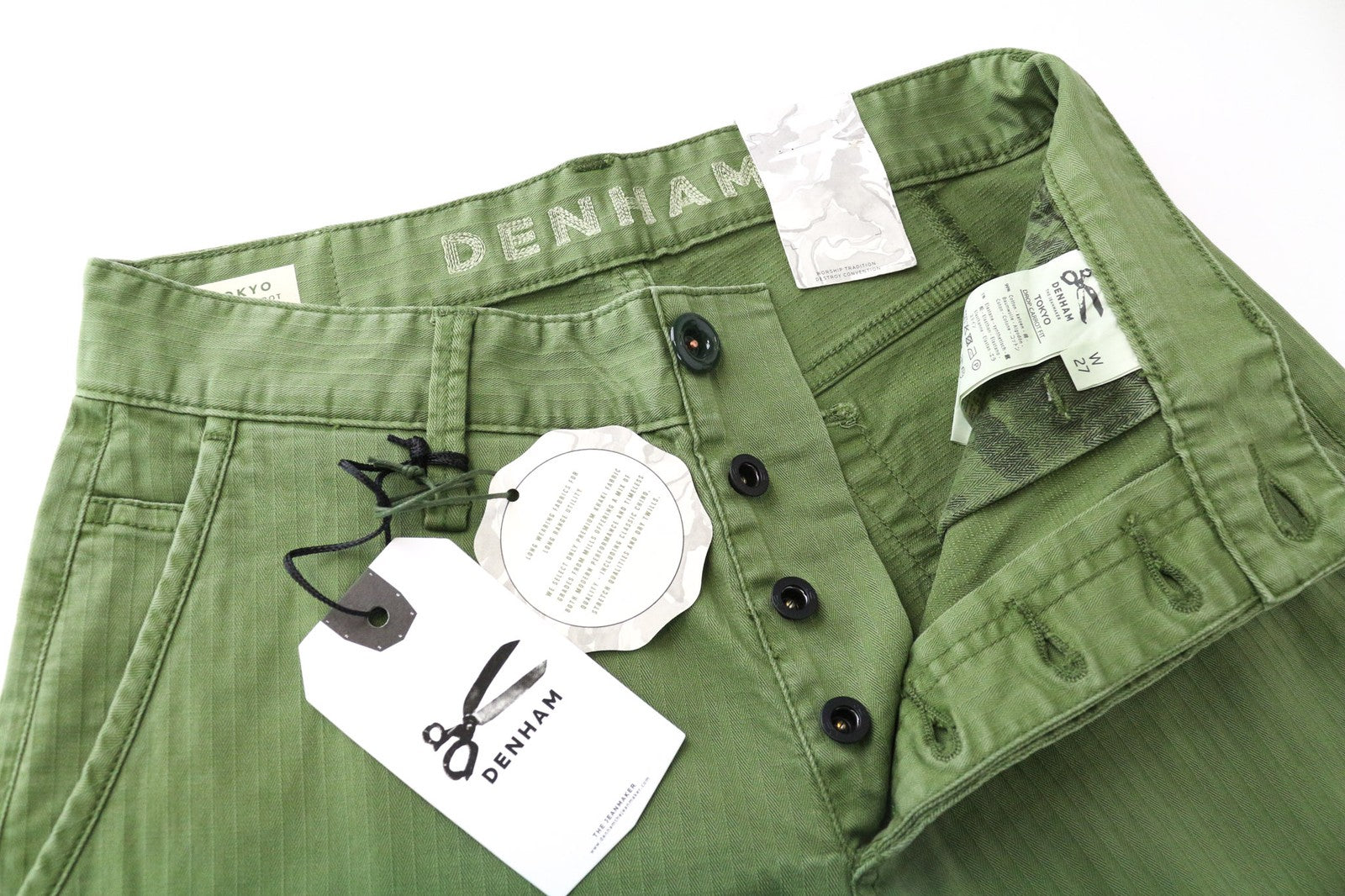 DENHAM Tokyo Men's Trousers W27/L32 Drop Carrot Fit Green Cotton Stretch Casual