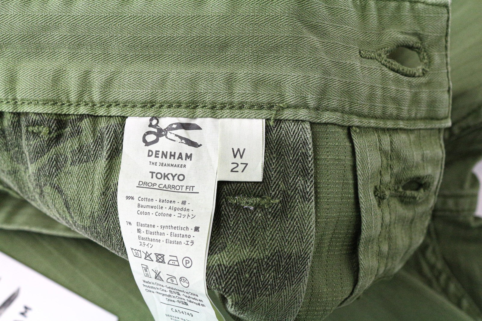 DENHAM Tokyo Men's Trousers W27/L32 Drop Carrot Fit Green Cotton Stretch Casual