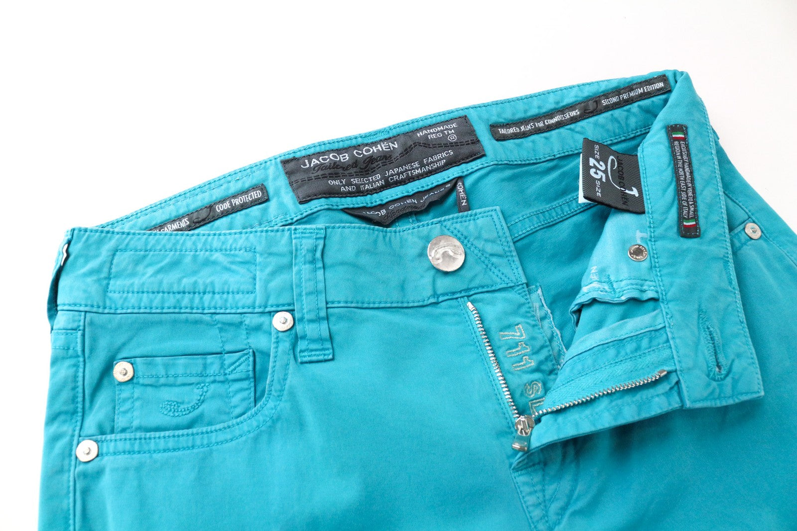 JACOB COHEN J711 Women Aqua Blue Slim Cotton Stretch Pants W25 Flat Front