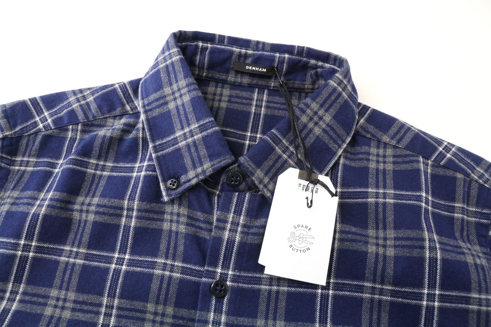 DENHAM Pocket Men's Shirt S Navy Blue Tartan Check Flannel-Feel Button-Down