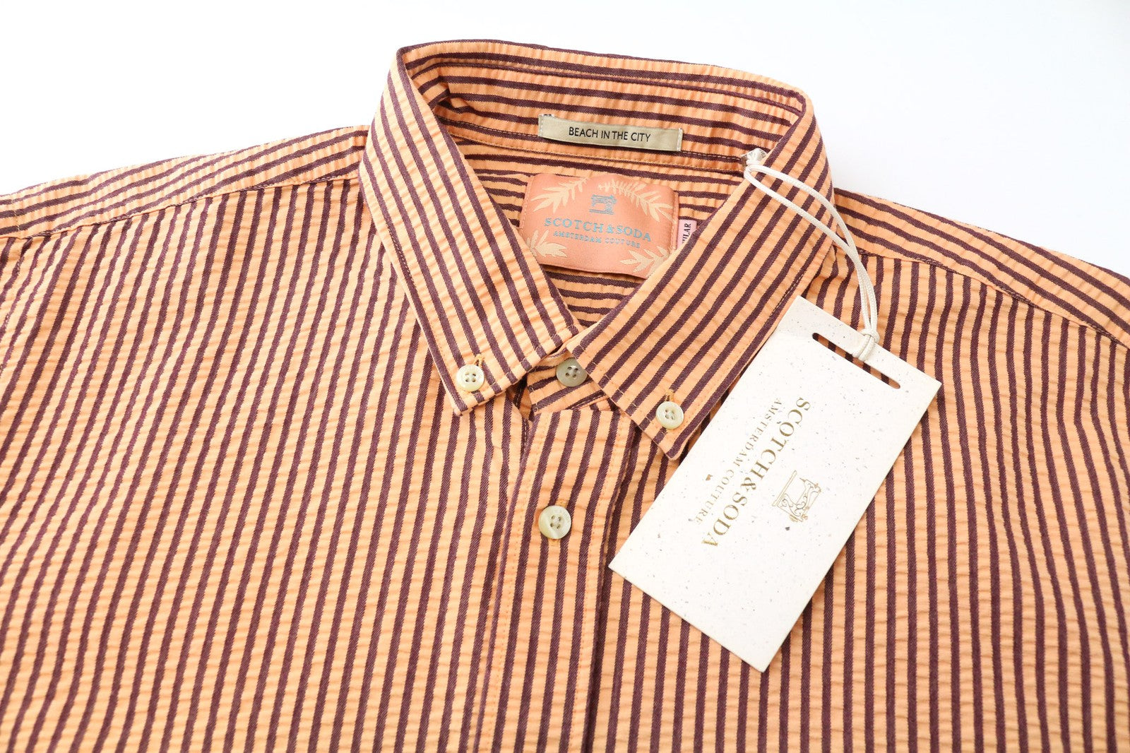 SCOTCH & SODA Men's M Orange Cotton Striped Seersucker-Like Button Down Shirt