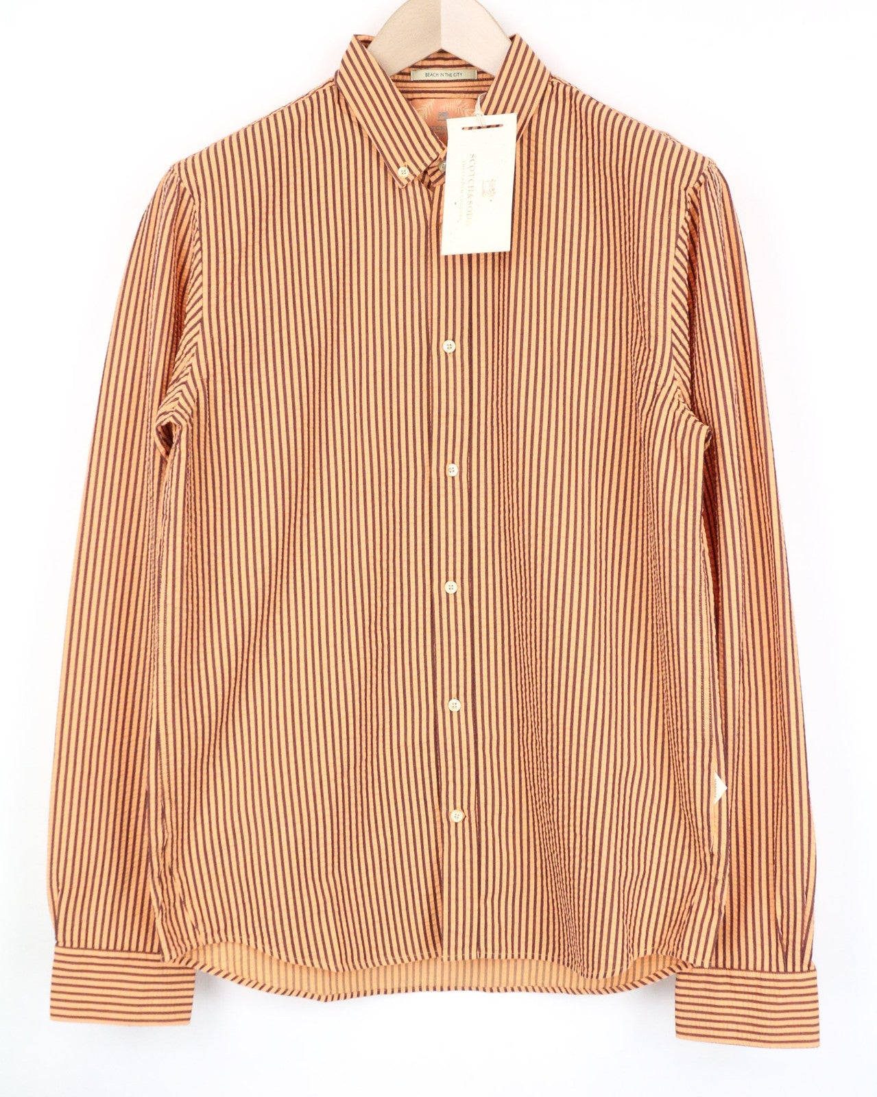 SCOTCH & SODA Men's M Orange Cotton Striped Seersucker-Like Button Down Shirt