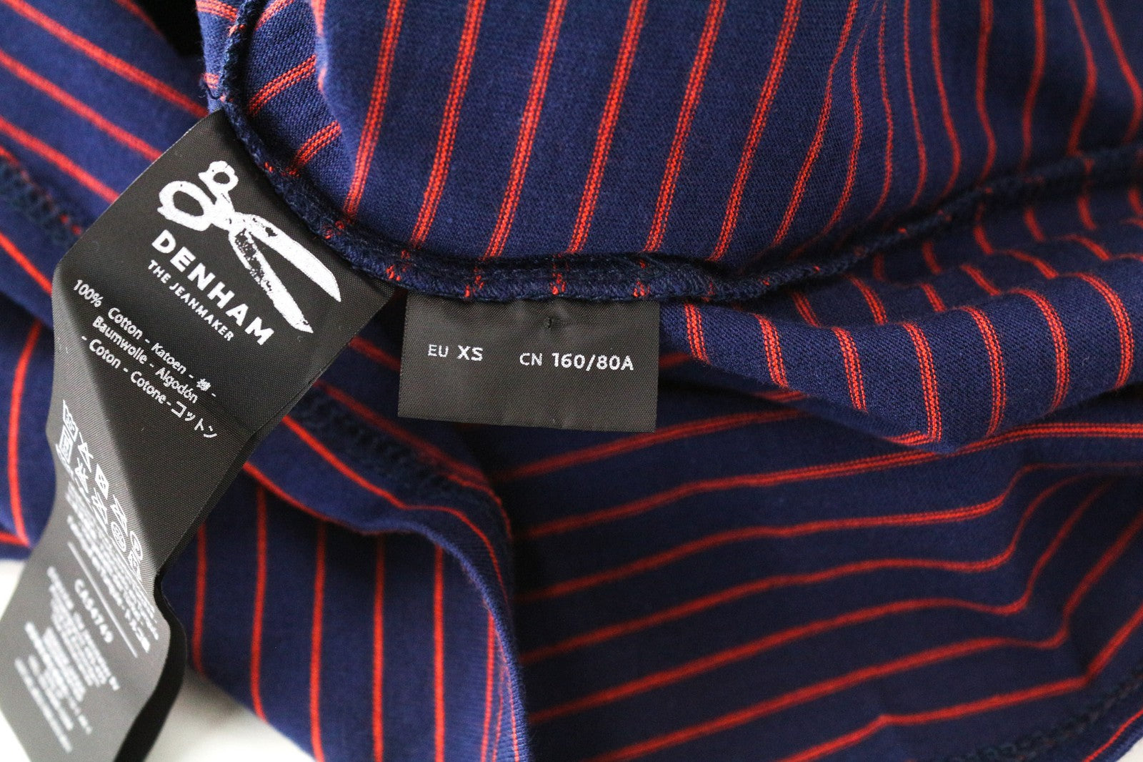 DENHAM Glide Men's XS Navy Striped Pure Cotton Crew Neck Pullover T-Shirt