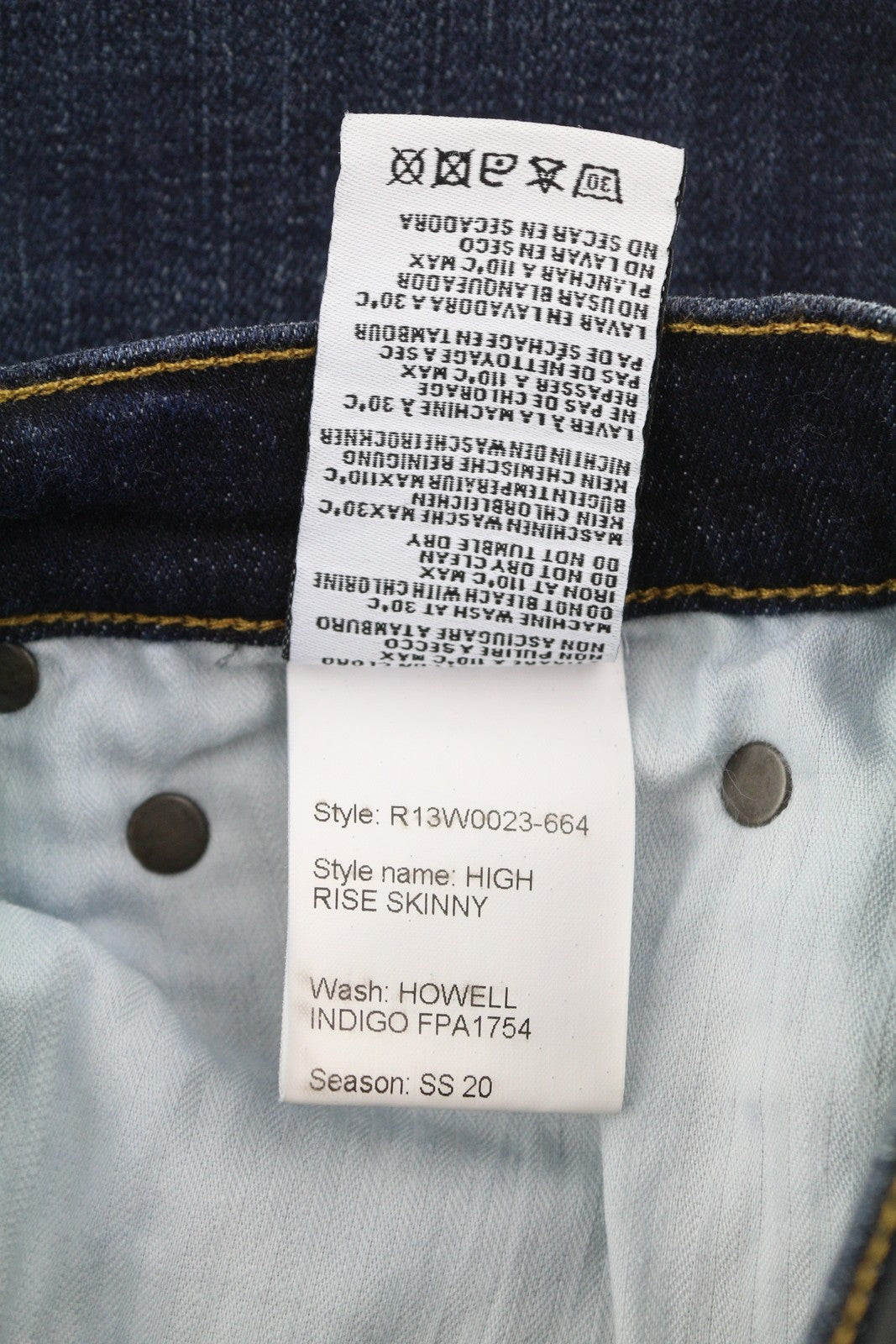 R13 High Rise Skinny Women Jeans 27 Howell Indigo Faded Whiskers Distress Denim