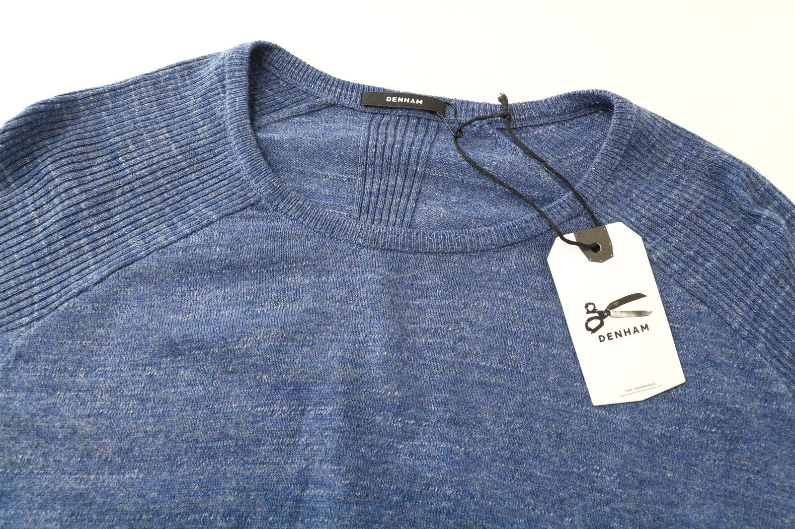 DENHAM Carver vyriškas XS dydžio mėlynas marlinis medvilninis melanžas megztinis apvalia kaklo apykakle 