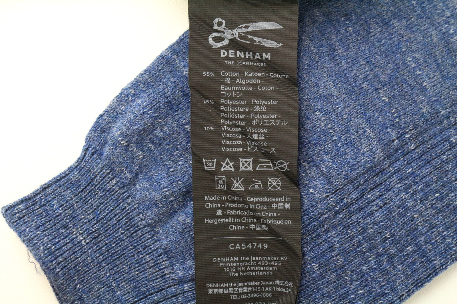 DENHAM Carver vyriškas XS dydžio mėlynas marlinis medvilninis melanžas megztinis apvalia kaklo apykakle 