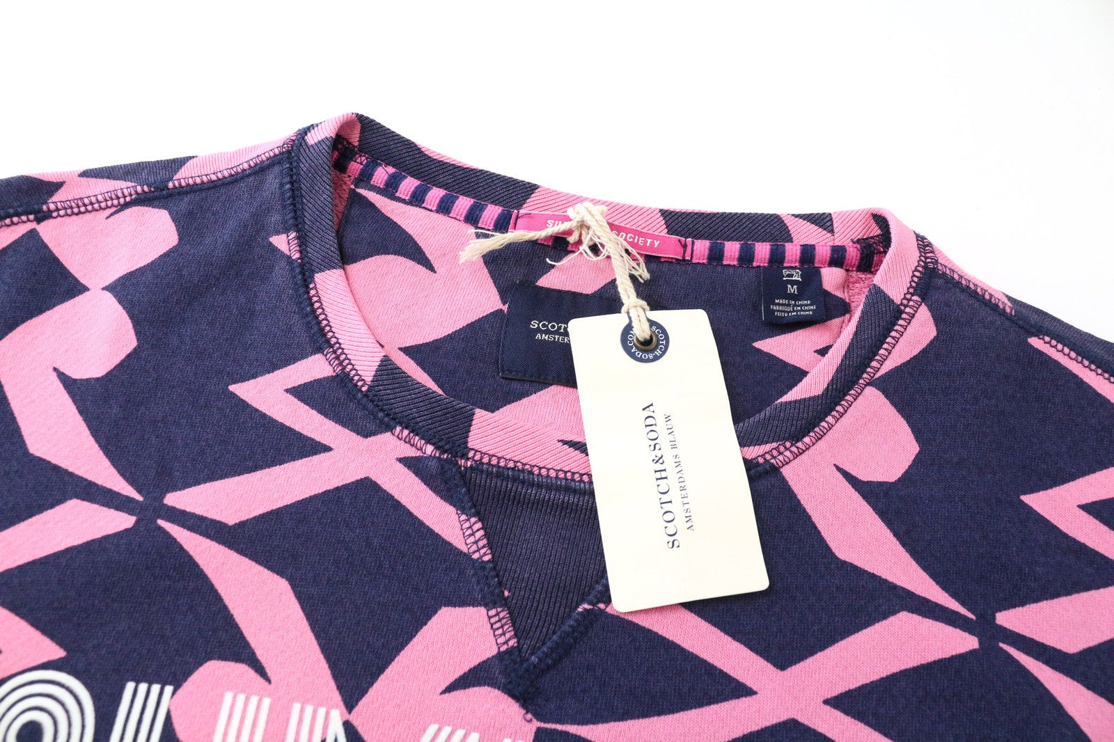 SCOTCH & SODA Men's M Pink Patterned Crew Neck Fleece Cotton Jersey Sweatshirt