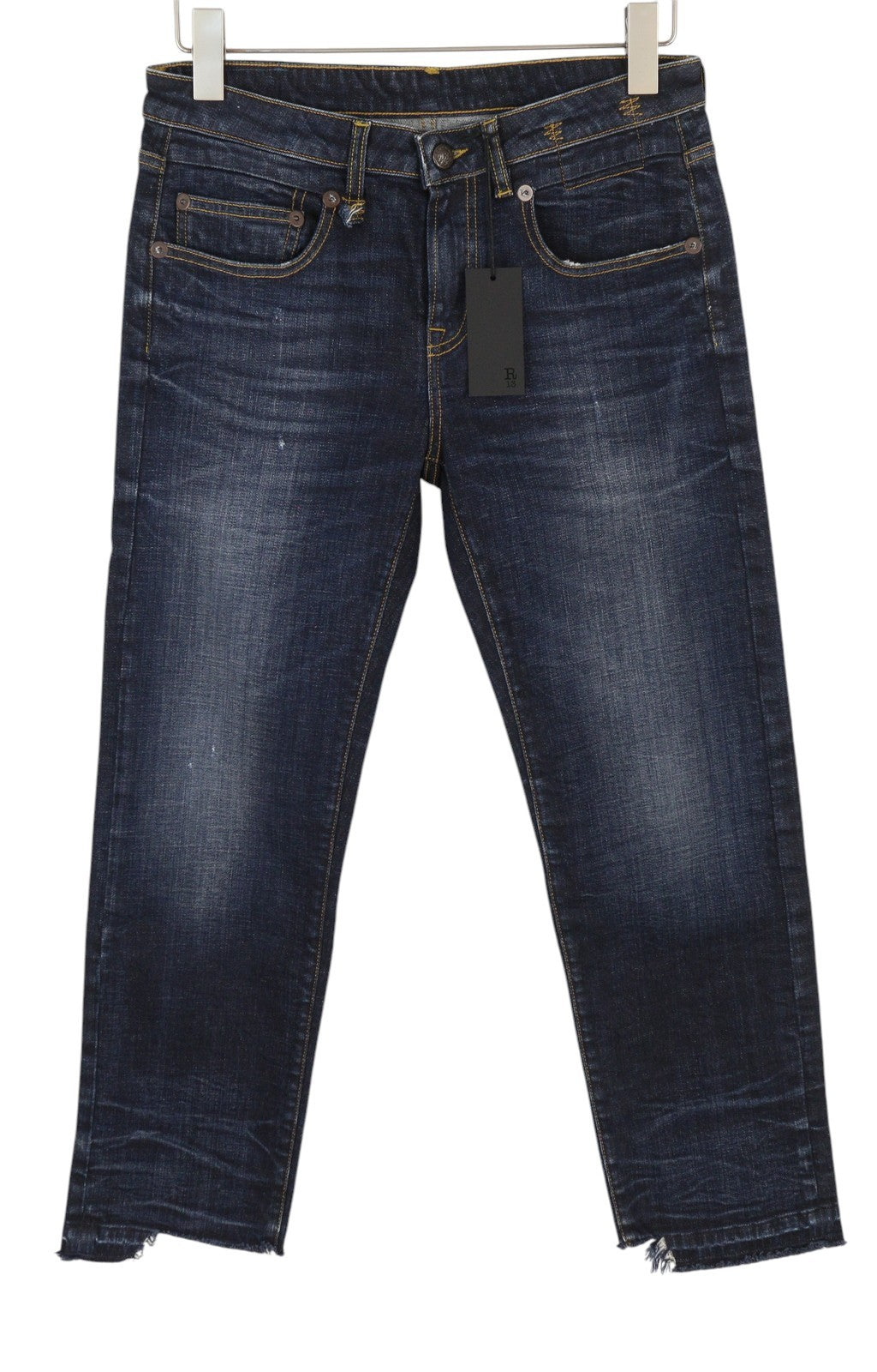 R13 Boy Straight Women Jeans 27 Blue Faded Whiskers Distress Ankle Cropped Denim