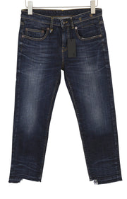 R13 Boy Straight Women Jeans 27 Blue Faded Whiskers Distress Ankle Cropped Denim