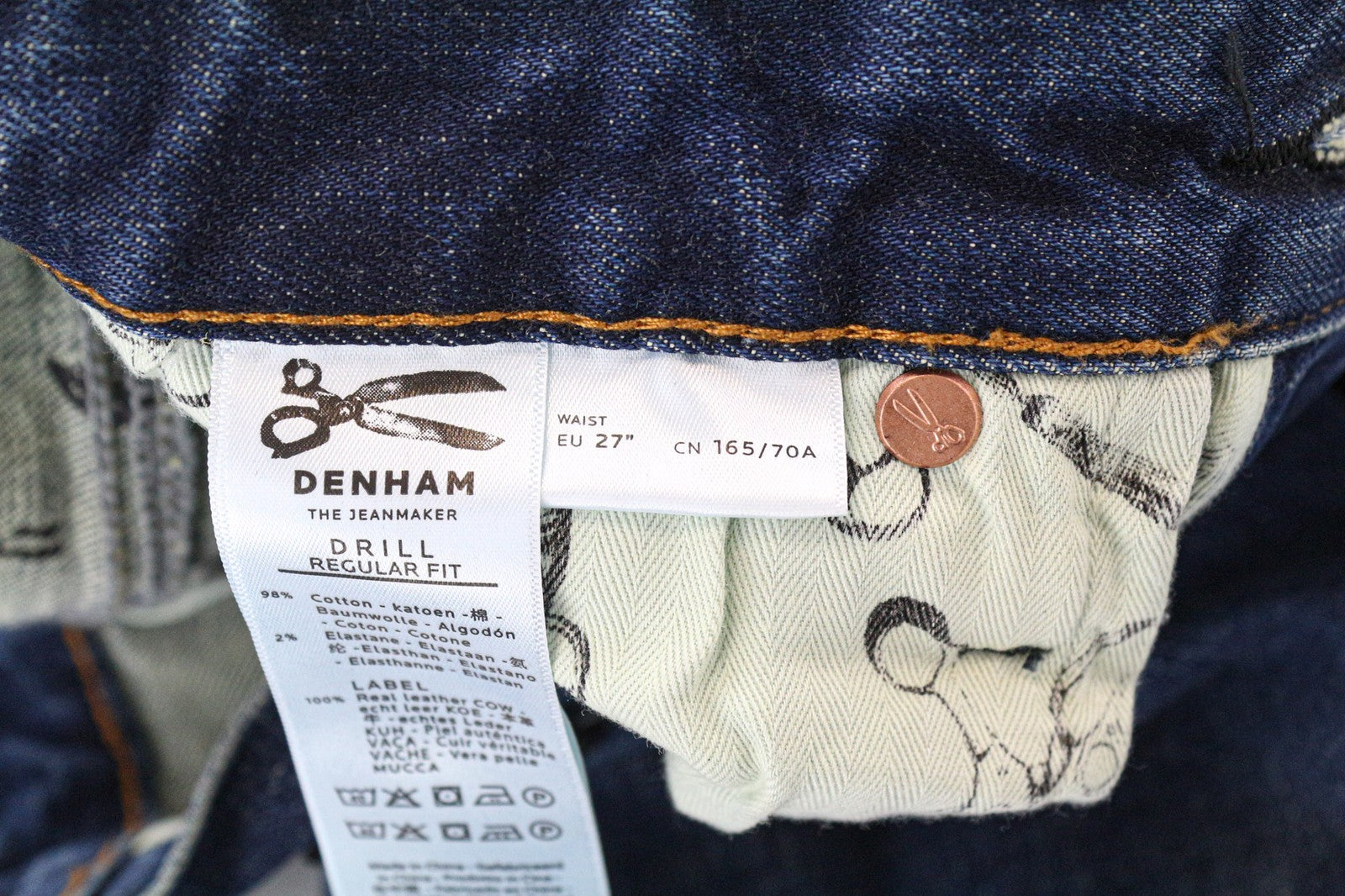 DENHAM Drill Men's W27/L32 Blue Slim Tapered Stretch Classic Button Jeans