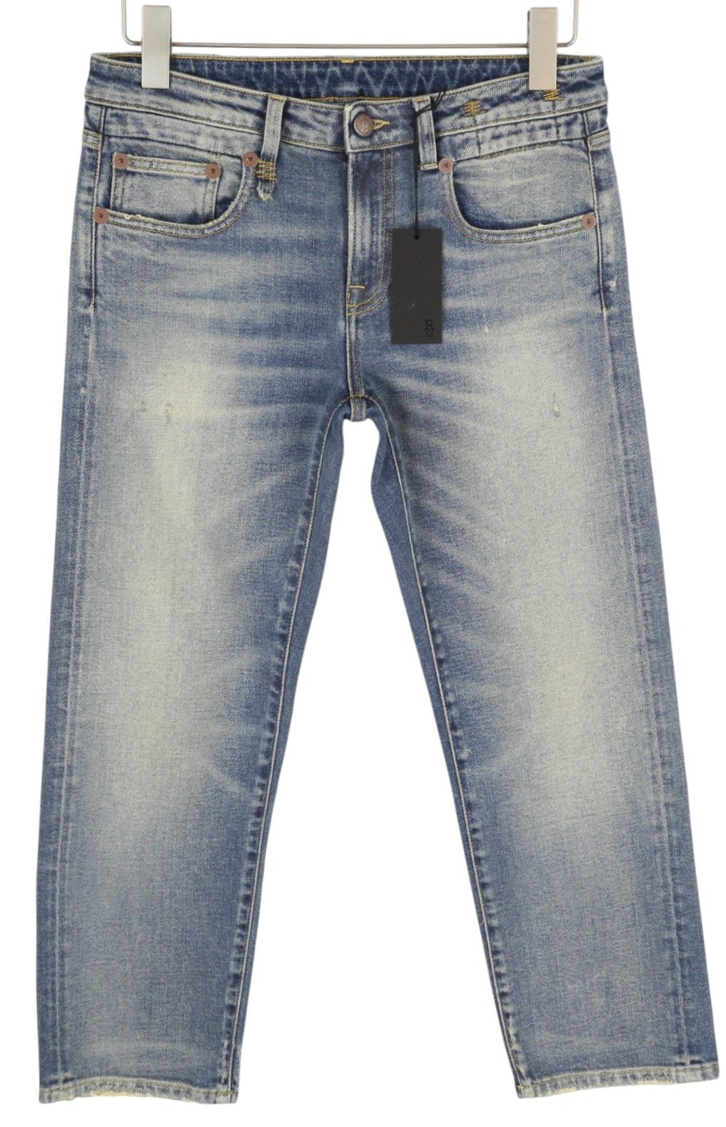 R13 Boy Straight Women Jeans 27 Blue Stretch Faded Distress Ankle Cropped Denim