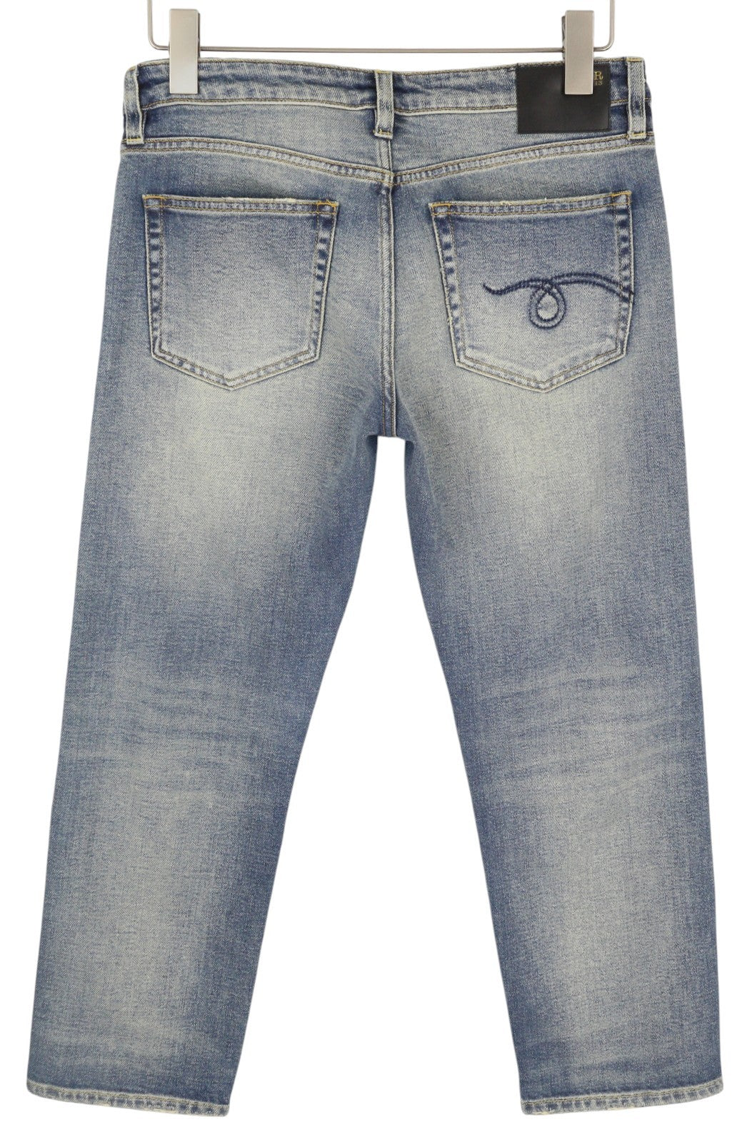 R13 Boy Straight Women Jeans 27 Blue Stretch Faded Distress Ankle Cropped Denim