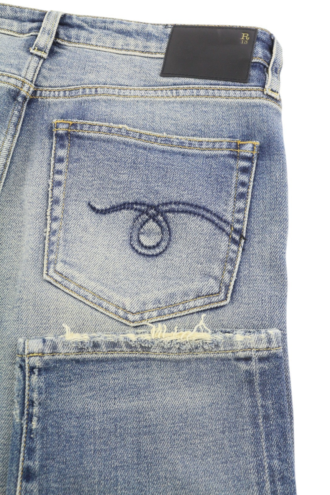 R13 Boy Straight Women Jeans 27 Blue Stretch Faded Distress Ankle Cropped Denim