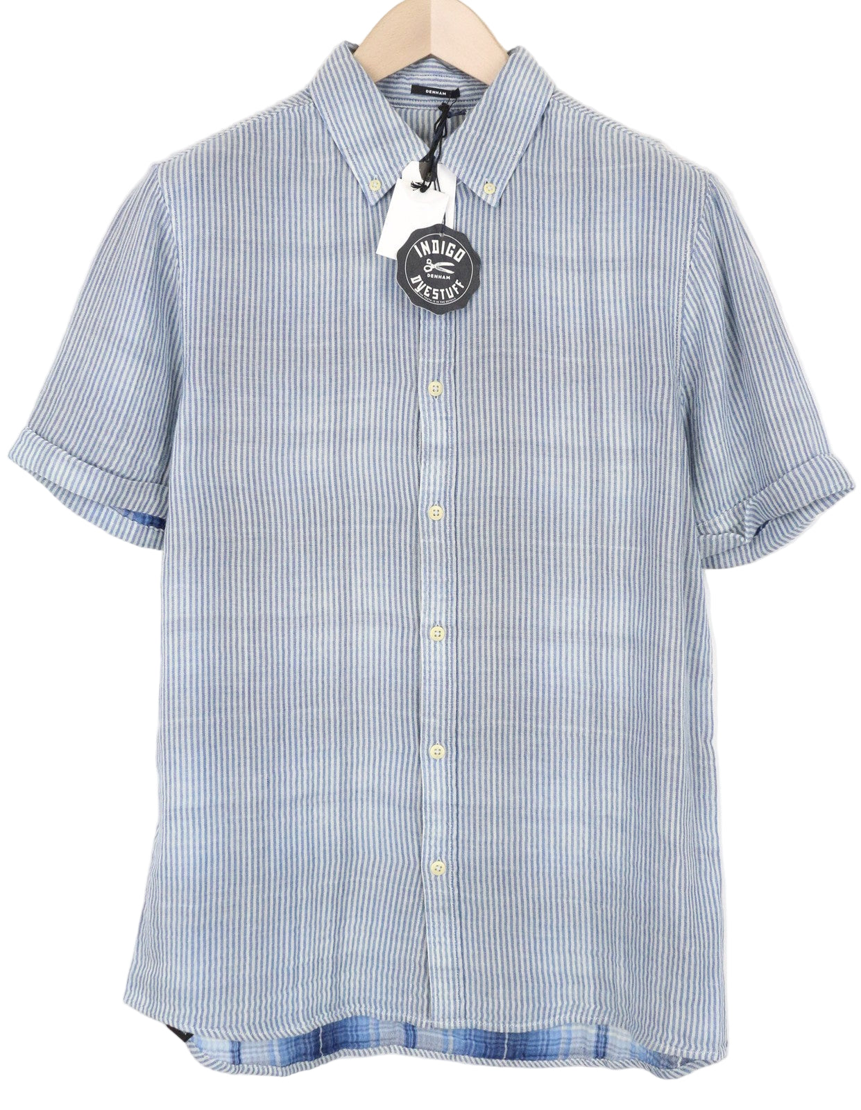 DENHAM Ford Men's Shirt M Blue Striped Cotton Melange Short Sleeve Button-Down