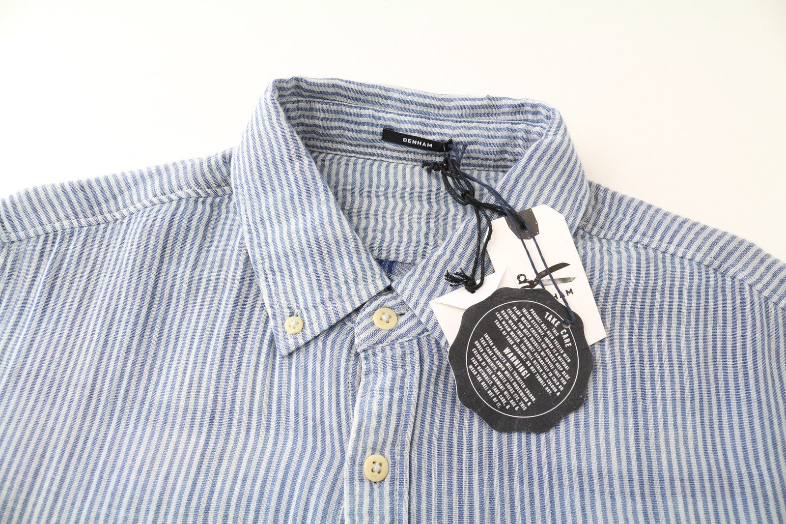 DENHAM Ford Men's Shirt M Blue Striped Cotton Melange Short Sleeve Button-Down