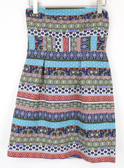 HANITA Women's Dress S Blue Mini Bandeau Pleated Patterned Open Back Buttoned