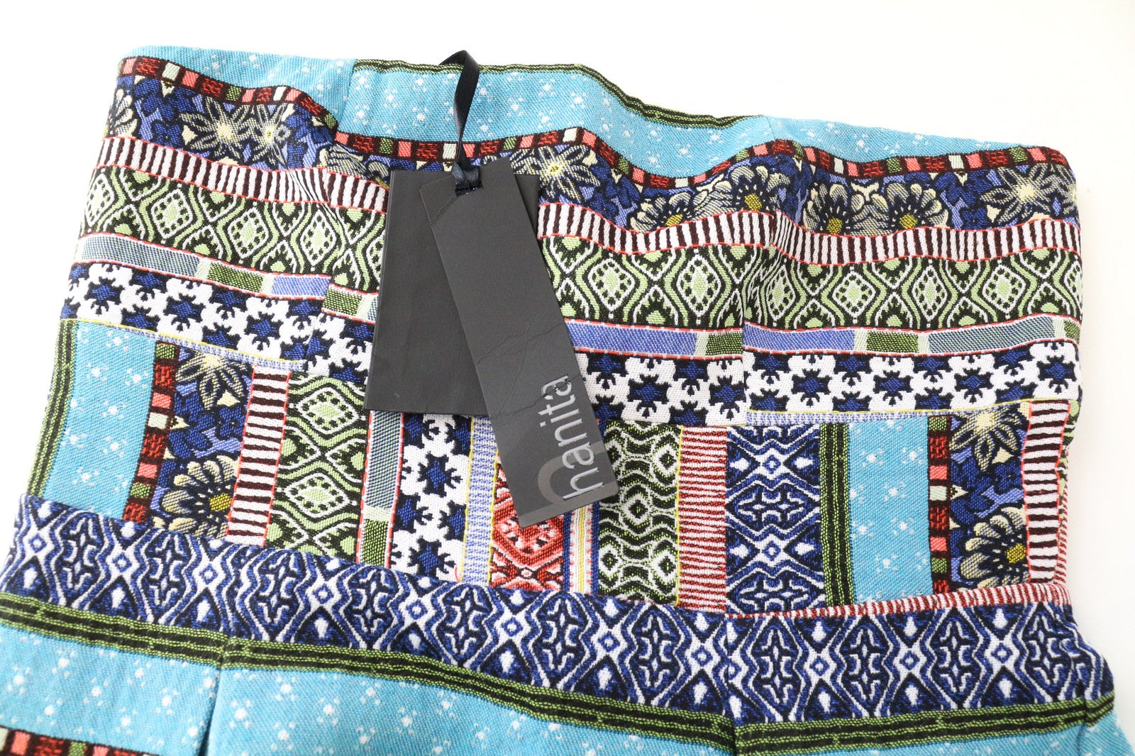 HANITA Women's Dress S Blue Mini Bandeau Pleated Patterned Open Back Buttoned