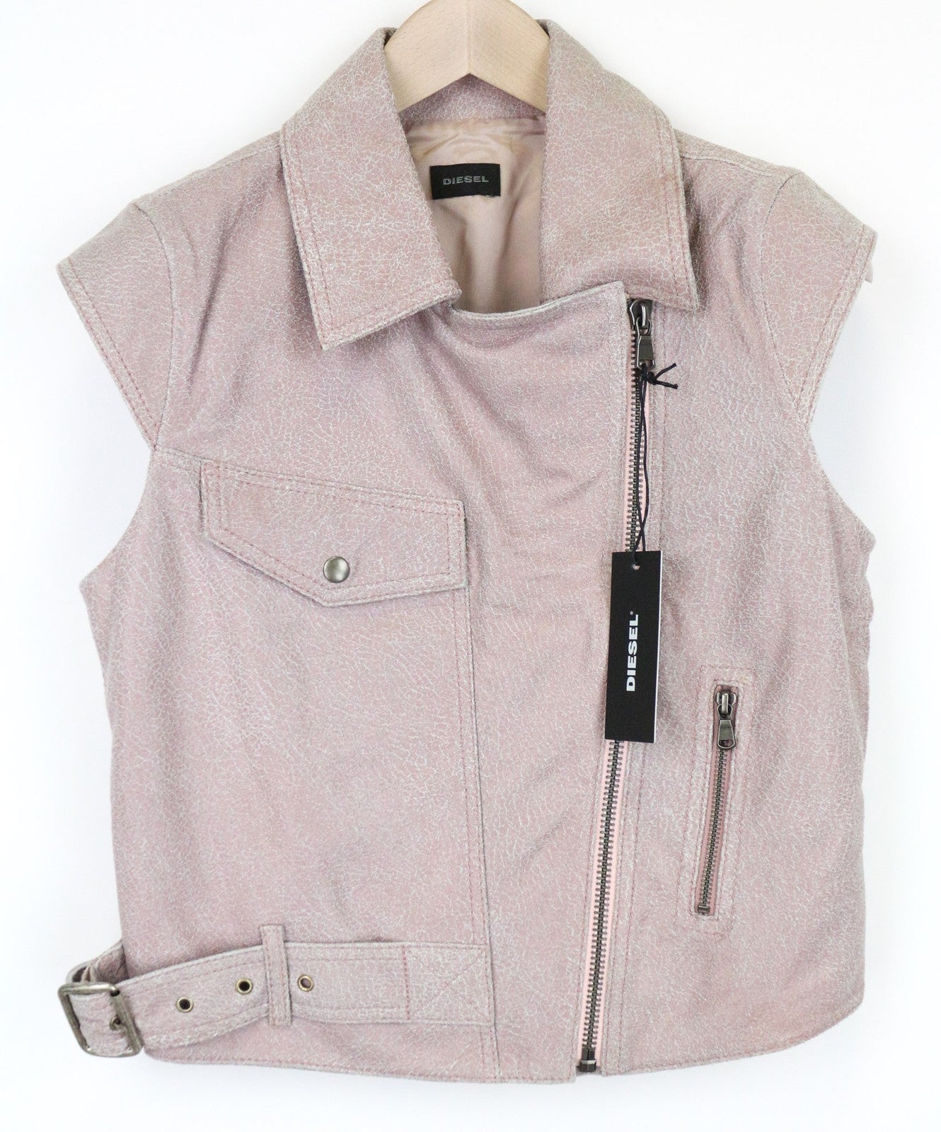 DIESEL Women's  XS Pink Sleeveless Lambskin Leather Vest with Belted Waist