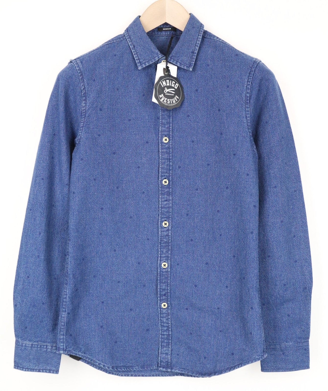 DENHAM Ellis Men's Shirt XS Blue Polka Dot Cotton Printed Denim-Like Casual