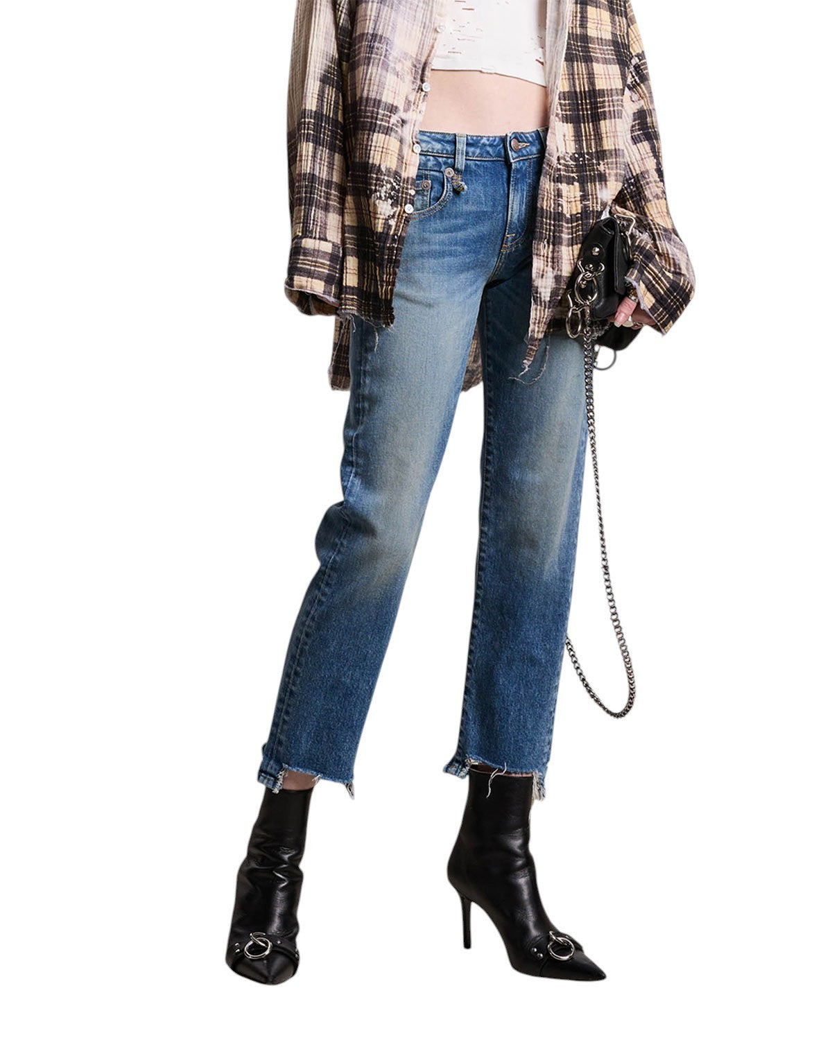 R13 Boy Straight W Rips Women Jeans 26 Jasper Stretch Faded Washed Cropped Denim