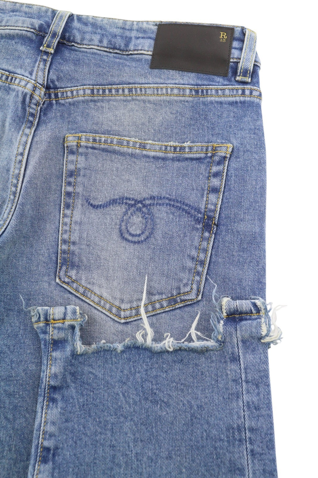 R13 Boy Straight W Rips Women Jeans 26 Jasper Stretch Faded Washed Cropped Denim