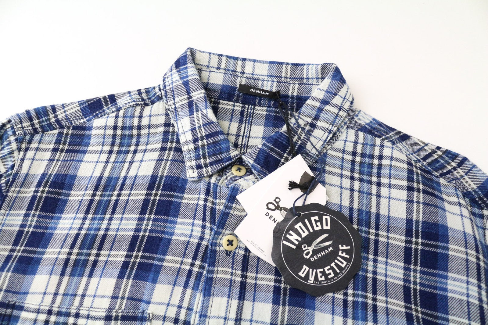 DENHAM Edged Men's Shirt S Blue Tartan Check Cotton Melange Classic Long Sleeve