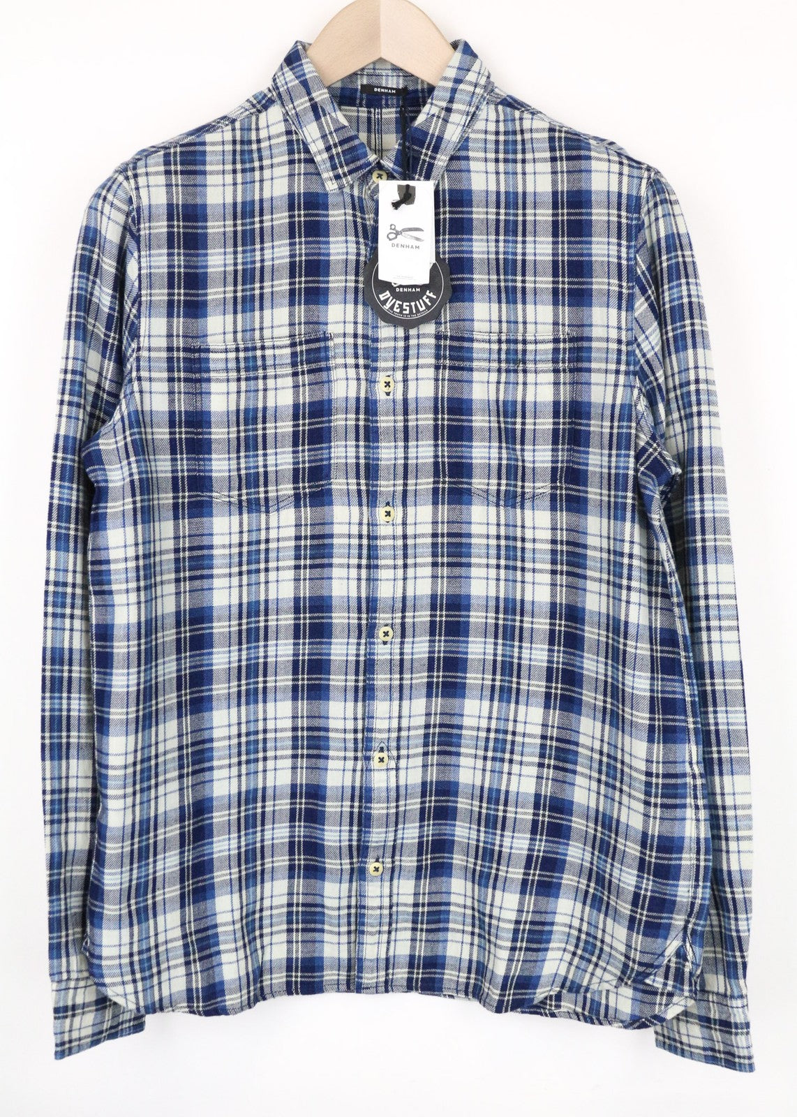DENHAM Edged Men's Shirt S Blue Tartan Check Cotton Melange Classic Long Sleeve