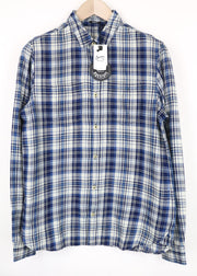 DENHAM Edged Men's Shirt S Blue Tartan Check Cotton Melange Classic Long Sleeve