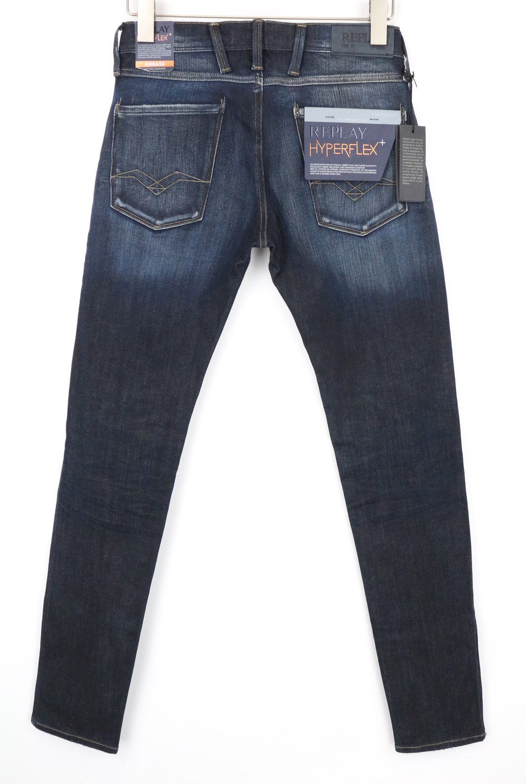 REPLAY Anbass Men's Jeans W28/L32 Dark Blue Slim Stretch Hyperflex+ Zipper Fly