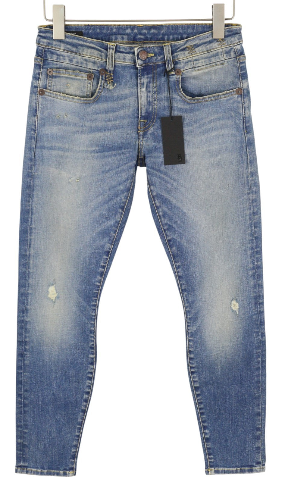 R13 Boy Skinny Women Jeans 27 Blue Washed Faded Ankle Length Cropped Distress