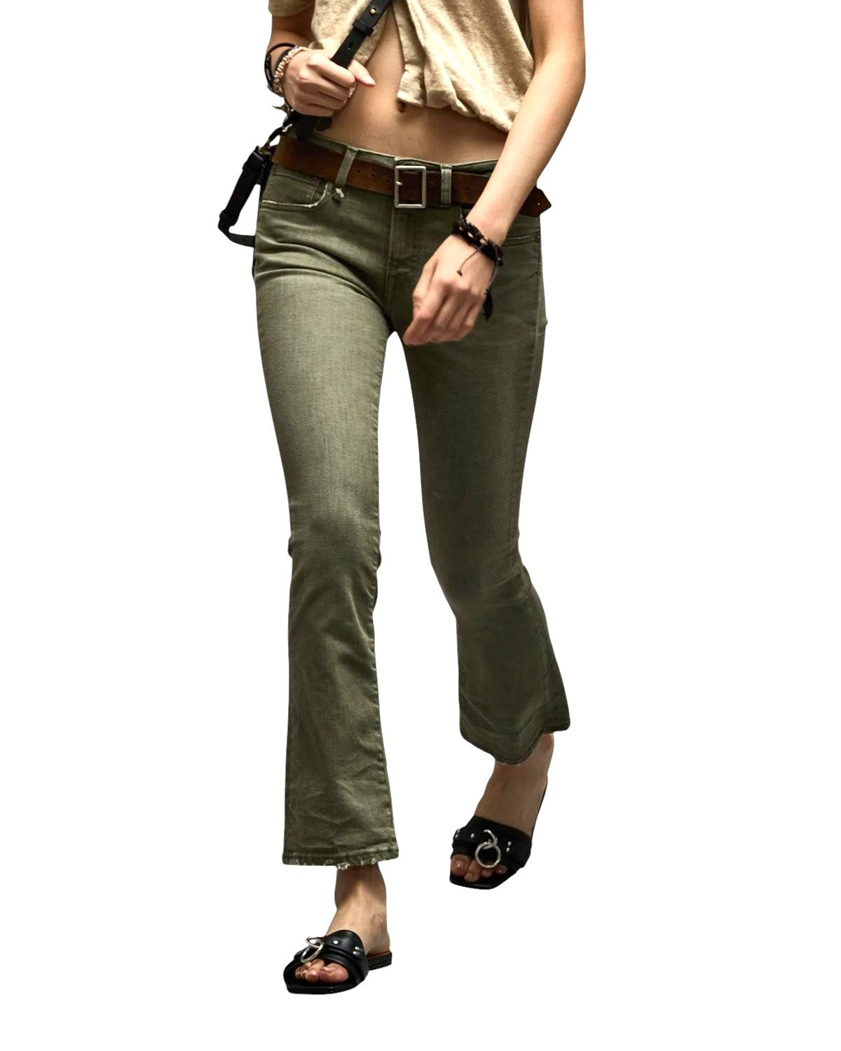 R13 Kick Fit Women Jeans 27 Olive Green Stretch Faded Ankle Length Cropped Denim