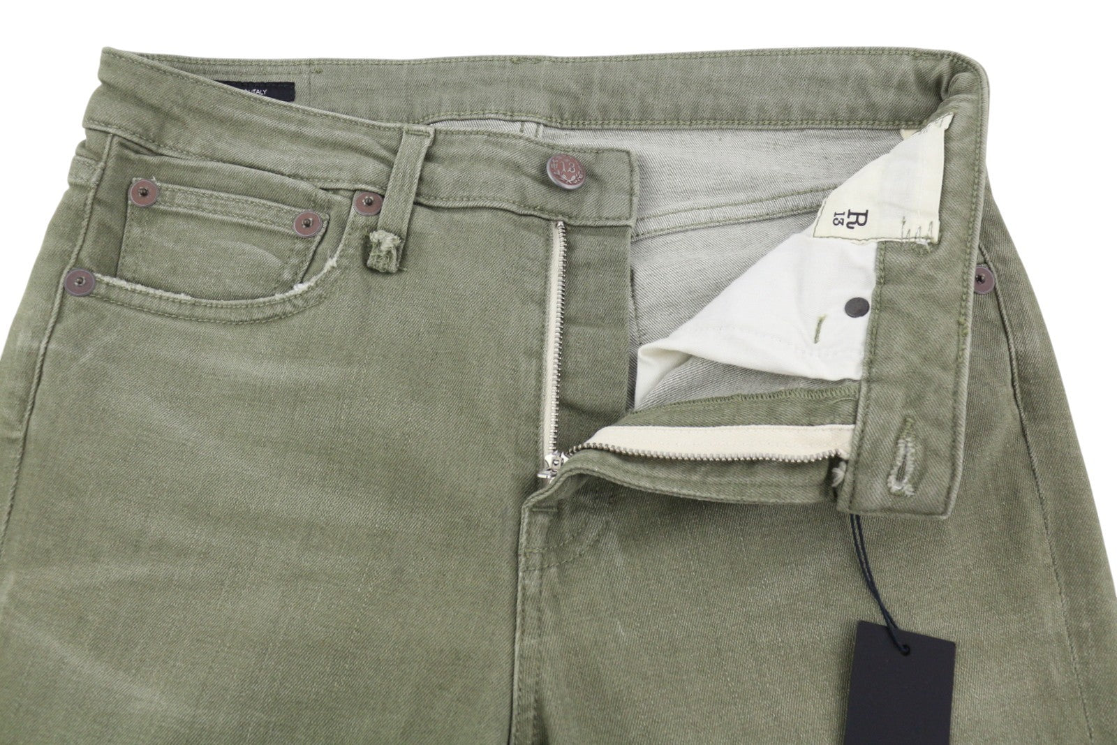 R13 Kick Fit Women Jeans 27 Olive Green Stretch Faded Ankle Length Cropped Denim