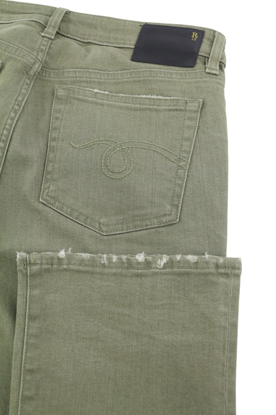 R13 Kick Fit Women Jeans 27 Olive Green Stretch Faded Ankle Length Cropped Denim