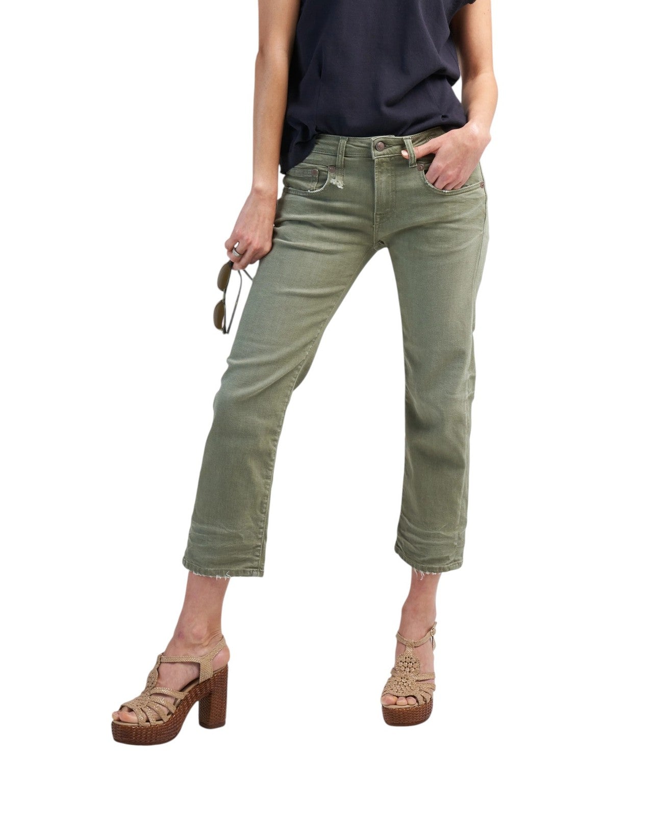 R13 Boy Straight Women Jeans 27 Olive Green Stretch Faded Ankle Length Cropped