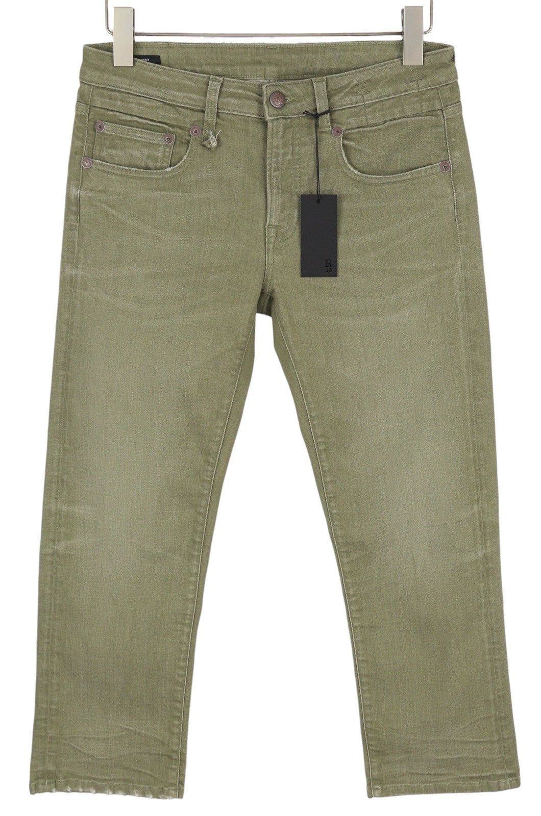 R13 Boy Straight Women Jeans 27 Olive Green Stretch Faded Ankle Length Cropped