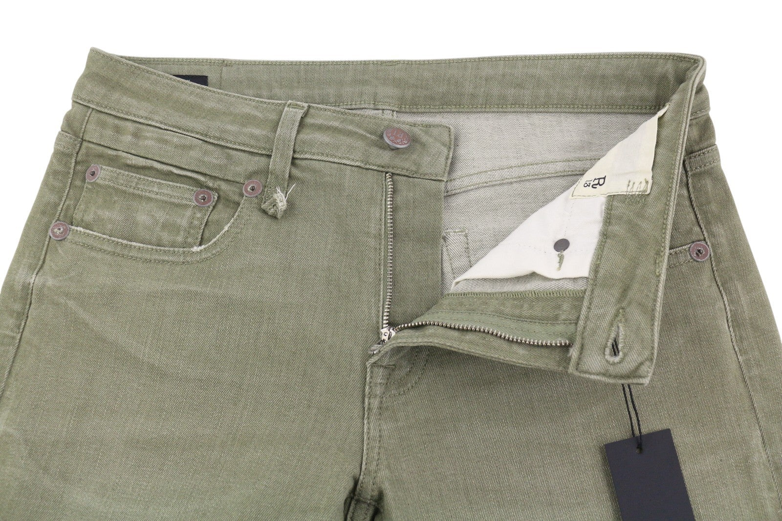 R13 Boy Straight Women Jeans 27 Olive Green Stretch Faded Ankle Length Cropped